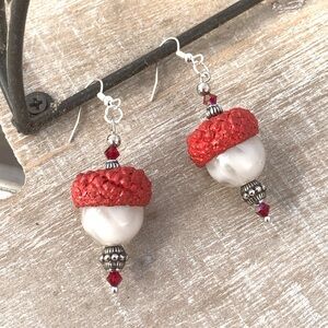 OOAK Custom Hand Painted Red Real Acorn Caps/White  “Nut” Beaded Dangle Earrings
